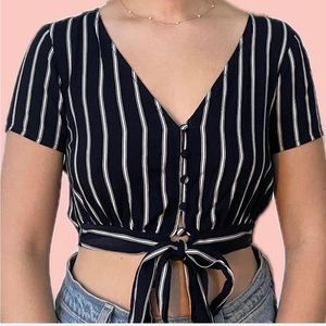 la hearts pacsun black and white stripped tie crop top blouse